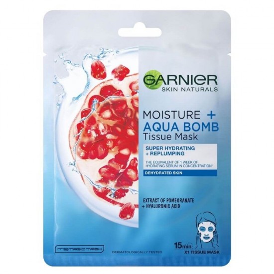 Masca Servetel Garnier Skin Naturals Moisture +Aqua Bomb cu Rodie, 28 g, Masca Servetel Revitalizanta, Masca Hidratare Ten, Masca Servetel cu Rodie, Masca Ten Deshidratat, Masca Ten Uscat, Masca de Fata Servetel, Masca Ten Servetel