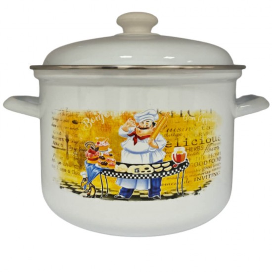 Oala Inalta Email de Bucatarie, 4.5 L, Alb, Model cu Bucatar, Maner Capac Alb, Oala Email, Oala Emailate, Oala de Bucatarie, Oale Email de Bucatarie, Oale Email cu Model, Oale Email de Bucatarie cu Model, Oala Email Albe