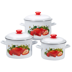 Set 3 Oale Inalte Email de Bucatarie, Capacitate 2/3/4.5 L, Alb, Model cu Capsuni, Oale Email, Oale Emailate, Oale de Bucatarie, Oale Email de Bucatarie, Oale Email cu Model, Oale Email de Bucatarie cu Model, Oale Email Albe, Set Oale Email