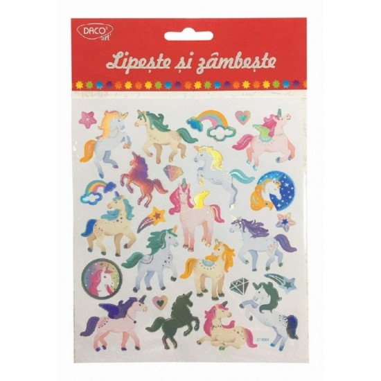 Abtibilduri DACO Lipeste si Zambeste, Model Unicorni, Multicolor, 27 Buc/Set, Autocolante Copii, Stickere Decorative, Stickere pentru Copii, Abtibilduri Copii, Abtibilduri pentru Mobila, Autocolante Decorative