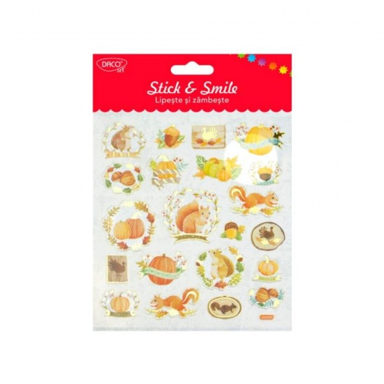 Abtibilduri DACO Lipeste si Zambeste, Veverite si Dovlecei, 21 Buc/Set, Multicolor, Autocolante cu Veverite si Dovlecei, Stickere Decorative, Stickere pentru Copii, Abtibilduri Copii, Abtibilduri pentru Mobila, Autocolante Decorative