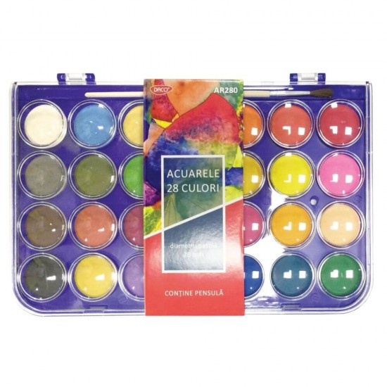 Acuarele cu Pensula DACO, 28 Culori cu un Continut Mare de Pigment, Diametrul Pastilei 28 mm, Culori Pictura, Acuarele Scoala, Acuarele Pictura, Paleta de Acuarele, Set Culori Acuarele, Acuarele Scolare, Materiale Arta, Materiale de Pictura