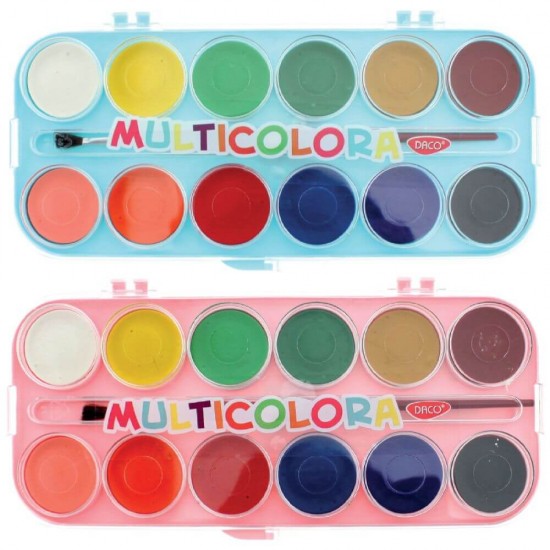 Acuarele cu Pensula DACO, Model Multicolora, 12 Culori cu un Continut Mare de Pigment, Diametrul Pastilei 30 mm, Culori Pictura, Acuarele Scoala, Acuarele Pictura, Paleta de Acuarele, Set Culori Acuarele, Acuarele Scolare