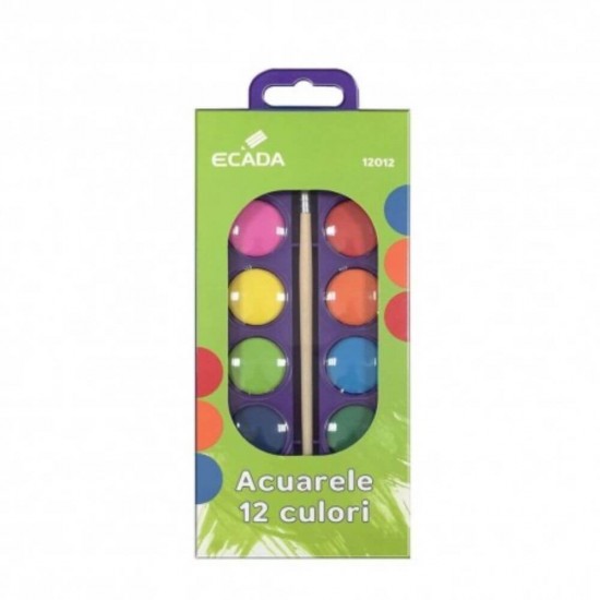 Acuarele cu Pensula ECADA, 12 Culori, Diametrul Pastilei 23 mm, Culori Pictura, Acuarele Scoala, Acuarele Pictura, Paleta de Acuarele, Set Culori Acuarele, Acuarele Scolare, Materiale Arta, Materiale de Pictura, Accesorii Pictura