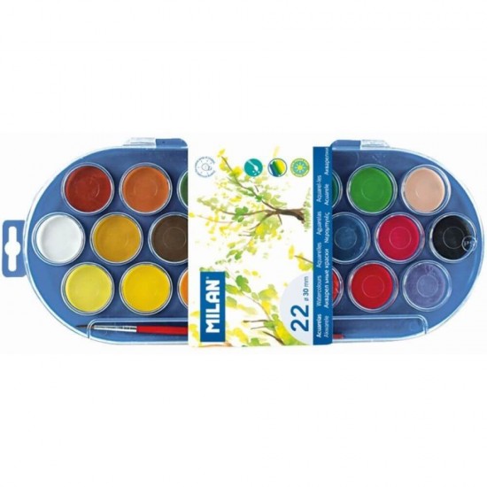 Acuarele cu Pensula MILAN, 22 Culori, Diametrul Pastilei 30 mm, Culori Pictura, Acuarele Scoala, Acuarele Pictura, Paleta de Acuarele, Set Culori Acuarele, Acuarele Scolare, Materiale Arta, Materiale de Pictura, Accesorii Pictura