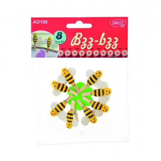Albinute din Lemn Bzz-Bzz DACO, 43x40 mm, 8 Buc/Set,  Galben/Negru, Carlige cu Albinute, Albinute Carlige, Albinute din Lemn Galbene, Cralig din Lemn cu Albina, Carlige din Lemn cu Albina, Accesorii Craft, Accesorii Creatie
