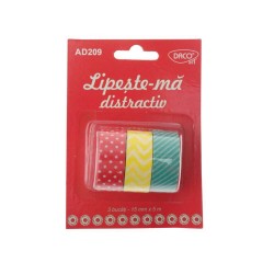 Banda Adeziva Imprimata DACO, Model Lipeste-ma Distractiv, 1.5cm x 5m, 3 Buc/Set, Multicolor, Accesorii Craft, Accesorii Creatie, Banda Adeziva Colorata, Banda Adeziva cu Model, Banda Washi Tape, Scotch Washi Tape