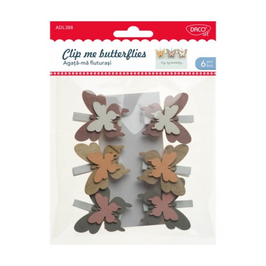 Cleme din Lemn Daco Agata-ma Fluturasi, 6 Buc/Set, Multicolor, Cleme Lemn Decorative, Carlige Lemn Decorative, Carlige Colorate, Set de Carlige din Lemn, Carlige Multicolor, Accesorii Craft, Accesorii Creatie