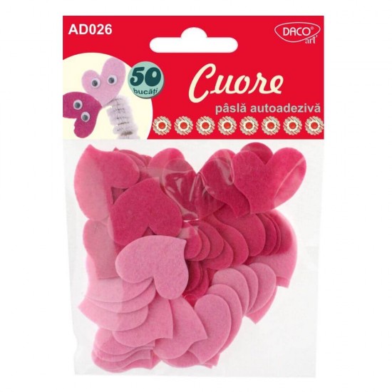 Cuore Autoadeziv DACO, 50 mm, 50 Buc/Set, Culoare Roz, Inimioare Roz, Inimioare cu Adeziv, Accesorii Craft, Accesorii Decoratii, Cuore din Pasla Autoadeziva, Inimi Decorative Autoadezive, Inimi din Fetru