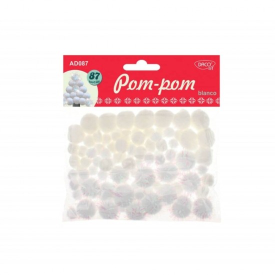 Pom Pom DACO, 87 Buc/Set, Material Textil, Culoare Alba, Accesorii Craft, Accesorii Creatie, Bilute Plusate Albe, Bilute Pom Pom, PomPom Textil, Pom-Pom Textil, Pom Pom Alb, Pom Pom Decorativ, Accesorii Decorative pentru Haine, Pom Pom Ornamental