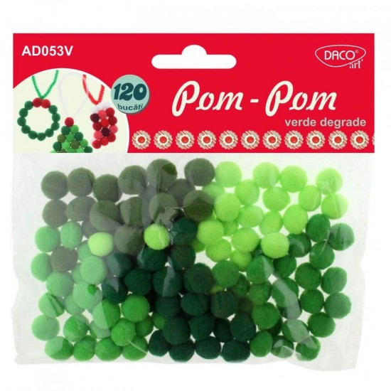 Pom Pom DACO, 120 Buc/Set, 10 mm, Verde, Material Textil,  Bilute Plusate Colorate, Bilute Pom Pom, Accesorii Craft, Accesorii Creatie, Pom-Pom Textil, Pom Pom Colorat, Pom Pom Decorativ, Pom Pom Ornamental, Pom Pom pentru Lucru Manual