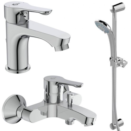 Set 5 Piese Alpha pentru Baie, Baterie cu Ventil pentru Lavoar, Baterie Cada si Dus cu Divertor, Bara Dus 600 mm, Para Dus 3 Functii 80 mm, Furtun Dus 1500 mm, Set Baie, Set pentru Baie, Set 5 Piese Baie, Set pentru Dus, Set Dus