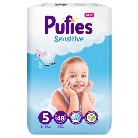 Scutece PUFIES Sensitive Junior, Marimea 5, 48 Buc/Bax, Scutece Bebelusi, Scutece pentru Copii, Scutece Absorbante, Scutece PUFIES, Scutece Marimea 5
