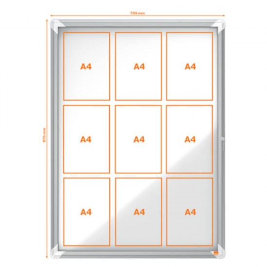 Avizier Magnetic 9xA4 Nobo, Carcasa Metalica pentru Interior, Sticla Frontala 4 mm, Lacat cu Chei, Alb, Aviziere Magnetice, Avizier Nobo, Aviziere Nobo, Avizier Scoala, Avizier Scolar, Aviziere Magnetice Scoala, Aviziere Scolare Magnetice