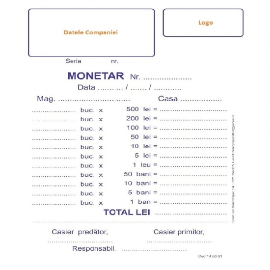 Monetare Personalizate A6 in 2 Exemplare, 50 Carnete/Set, Tipar 1+1, Formulare Tipizate Autocopiative, Formulare A6 Personalizate, Tipizate Personalizate, Monetar Personalizat