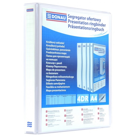 Caiet Mecanic Cu Buzunar, Plastifiat Pp, 4 Inele In "d", 65 Mm, Cotor 90mm, Donau - Alb