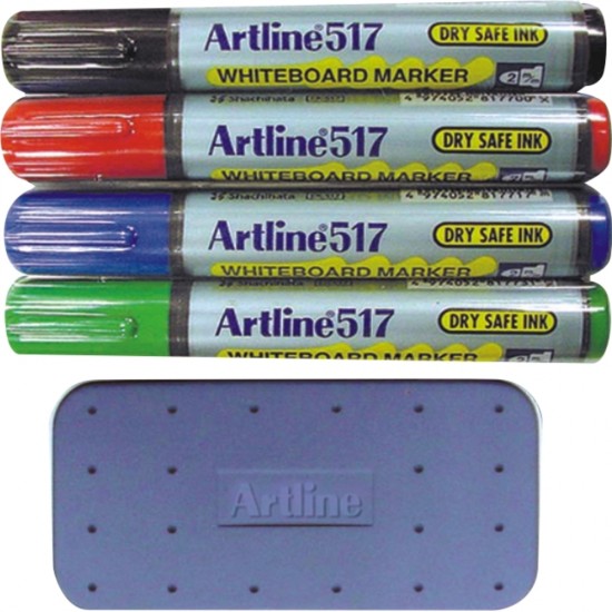 Kit Markere Tabla De Scris+burete Magnetic, Artline 517 - Dry Safe Ink, Varf Rotund 2.0mm, 4 Cul/set