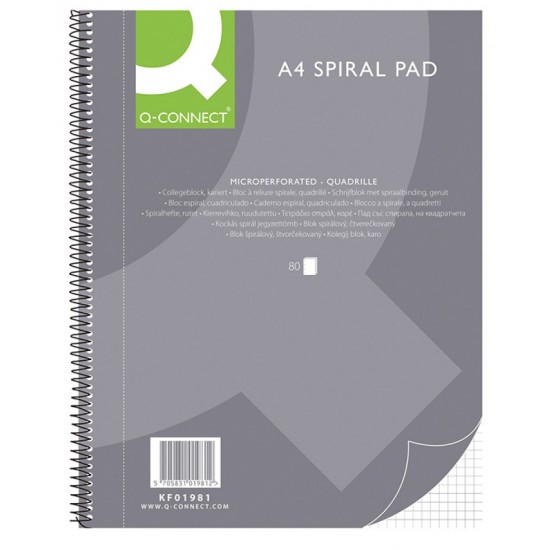 Caiet Cu Spirala, A4, 80 File - 70g/mp, 4 Perf., Coperti Carton, Q-connect - Matematica